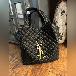 Yves Saint Laurent Black Quilted Tote with Gold Logo